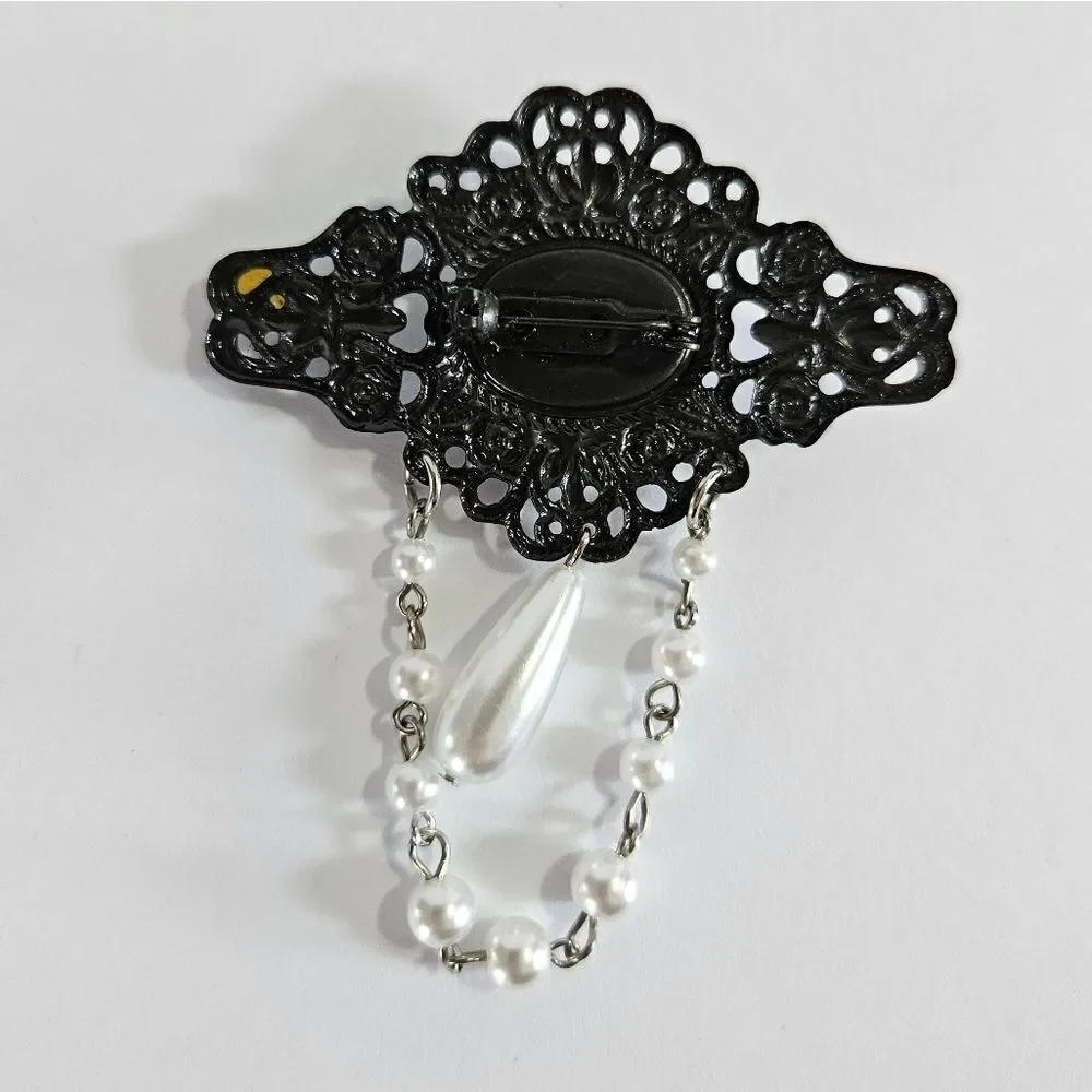 Vintage Faux Pearl Teardrop Filigree Dangle Chains Victorian Style Brooch Pin